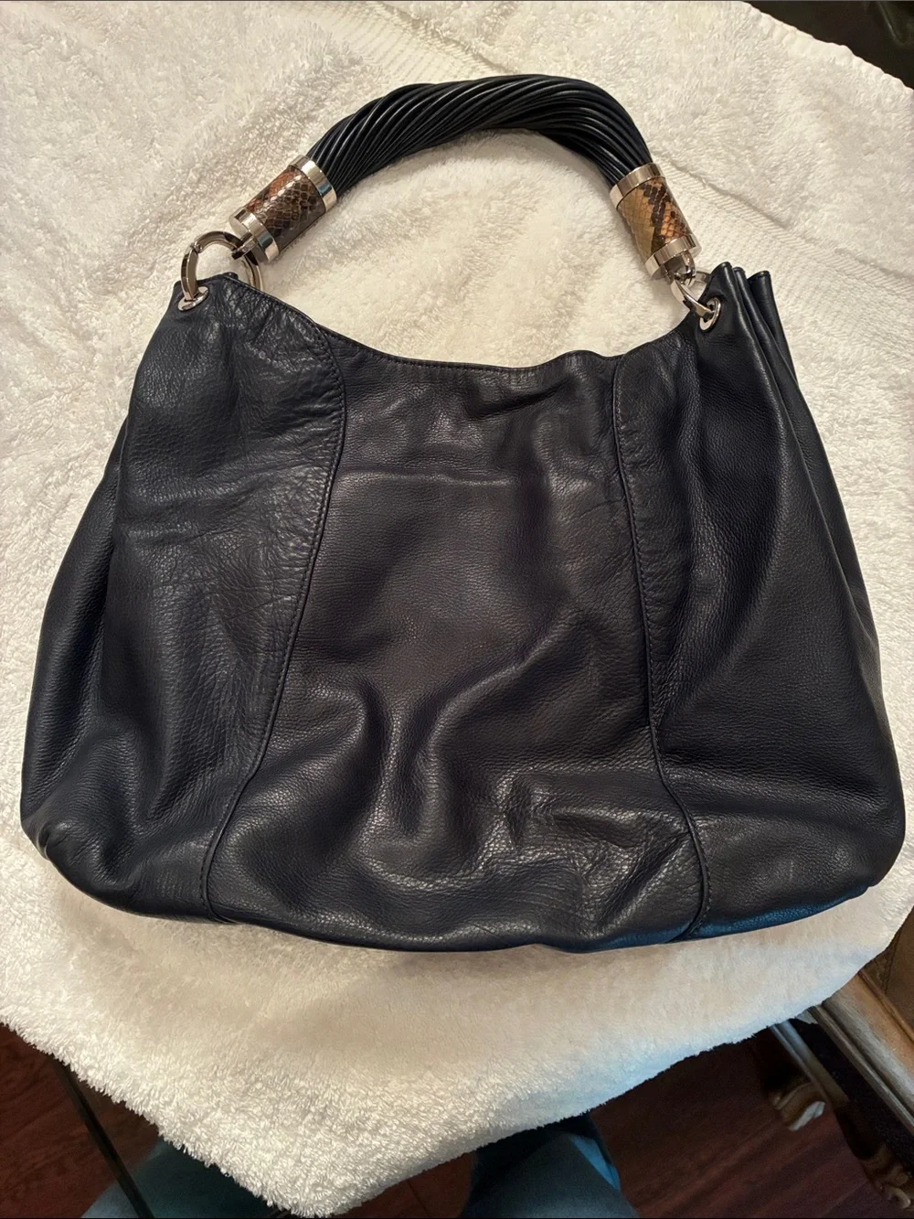Michael Kors Black Leather Shoulder Hobo with Textured Accents